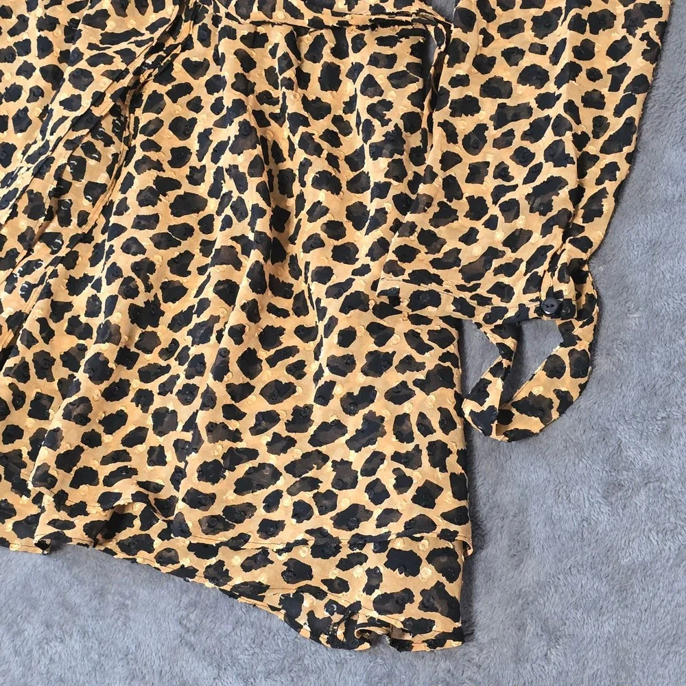 Free People Leopard Print Long Sleeve Mini Wrap‎ Dress Ruffle Hem V-Neck Burnout